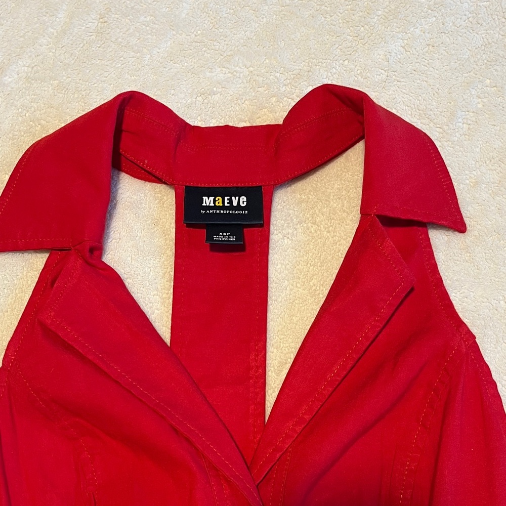 Anthropologie Maeve Scarlet Red Button-Front Mini Dress Collar Halter Pockets XS - Picture 3 of 5